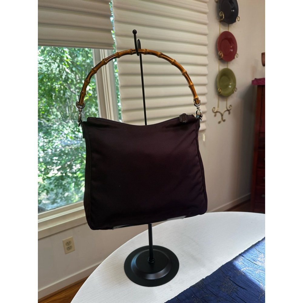Gucci Eggplant Nylon & Patent Leather Bamboo Handle Shoulder Bag